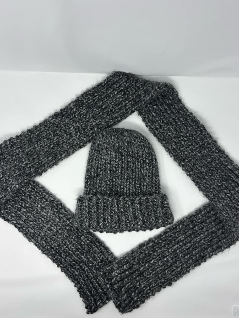 Charcoal Gray Hand Knit Hat and Scarf Set